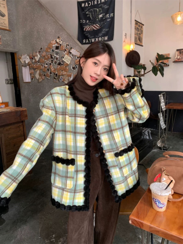 Korean style small fragrant style contrasting plaid coat for women small in autumn and winter new design niche loose woolen top