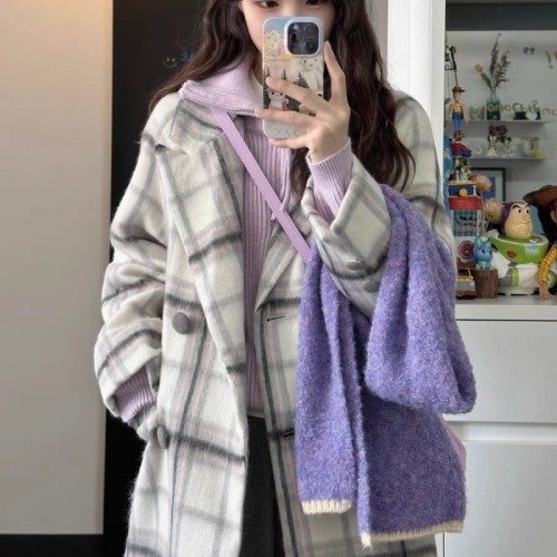 Korean drama heroine fufu coat winter high-end gray and pink plaid coat small mid-length coat women autumn and winter