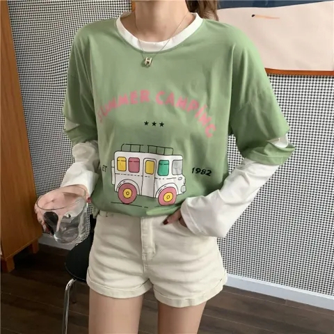 4160# Real shot 6535 2024 spring new style trendy fake two-piece color matching long-sleeved T-shirt for female students