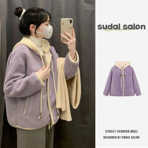 European style small fragrance purple hooded lamb velvet fur one-piece furry plus velvet thick coat women's polar fleece