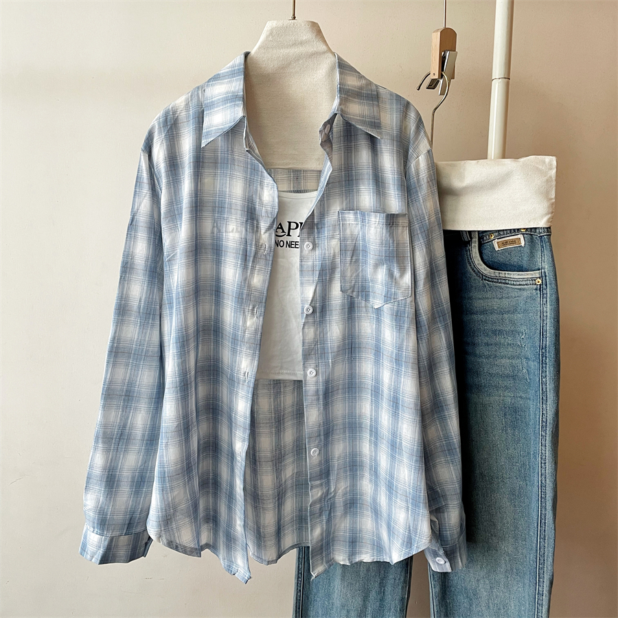 Blue and white plaid shirt jacket women's autumn shirt cardigan casual loose top + suspenders