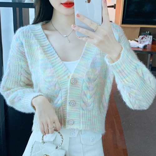 Shipped 2024 Autumn V-neck Single Button Long Sleeve Rainbow Knit Sweater for Women's Outerwear