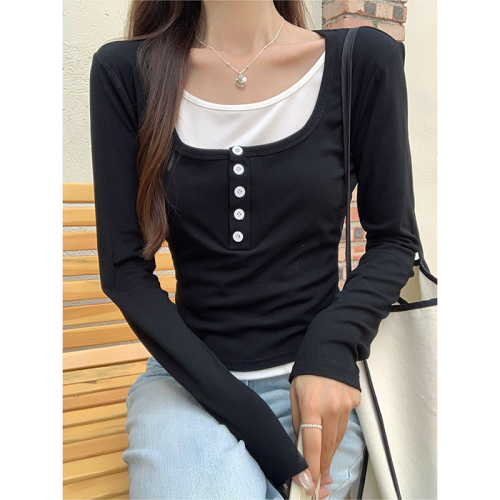 Fake two-piece square neck long-sleeved right-shoulder T-shirt for women in autumn hot girl slim-fitting short design top bottoming shirt