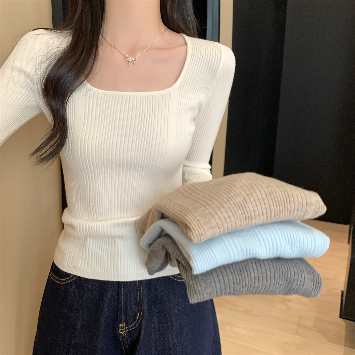 Actual shot of autumn and winter Korean style square collar slim fit and versatile pit striped Andy velvet knitted bottoming long-sleeved top