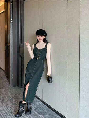 Real shot!  Korean style design slit waist mid-length suspender skirt autumn single-breasted skirt