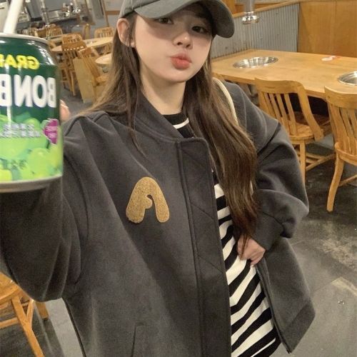 Spring and Autumn Thin Green Towel Embroidered Letter Jacket Baseball Uniform Spring and Autumn Zipper Loose College Style Jacket for Women