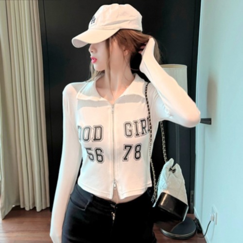 Ribbed slim fit letter printed zipper cropped top for women 2024 spring and autumn