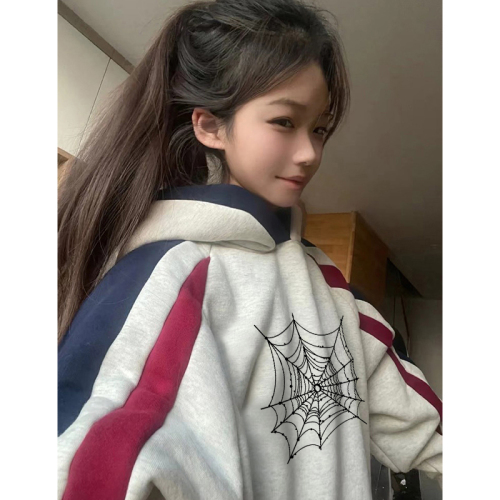 Non-pilling imitation cotton Chinese cotton composite milk silk 310g silver fox velvet 400g printed contrasting color hooded sweatshirt for women