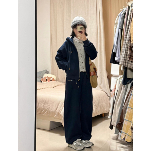 754# pure cotton Chinese cotton casual sportswear suit female autumn student hooded sweatshirt wide leg pants two-piece set