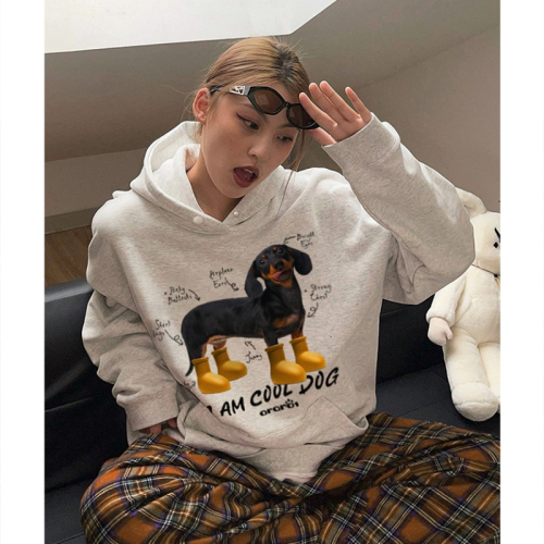 Heavy cotton/silver fox velvet double hat yellow shoe dog print sweatshirt