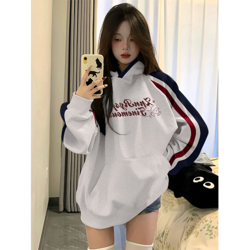 Non-pilling imitation cotton Chinese cotton composite milk silk 310g silver fox velvet 400g printed contrasting color hooded sweatshirt for women