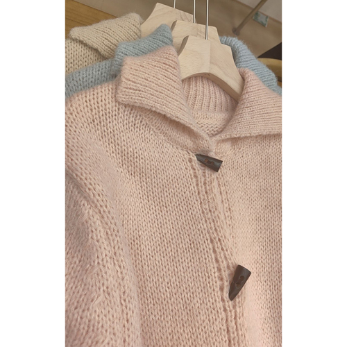 Lapel horn button design knitted cardigan autumn new Korean style sweet age-reducing gentle style sweater jacket for women