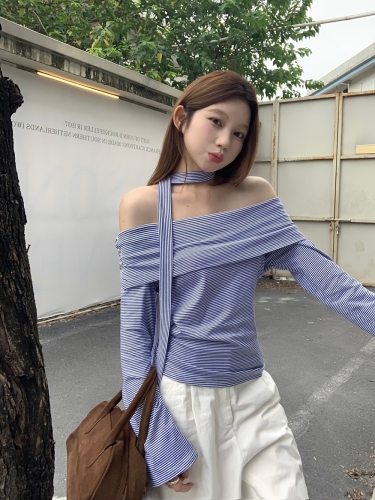 Real shot blue striped design niche long-sleeved T-shirt women's autumn high-end one-shoulder top