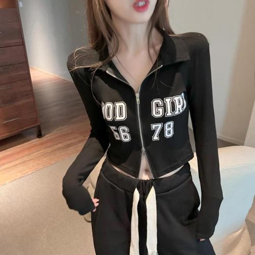 Ribbed slim fit letter printed zipper cropped top for women 2024 spring and autumn