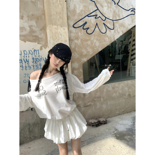 Hot girl oblique shoulder striped bow dress for small women with letter bud skirt sweatshirt dress