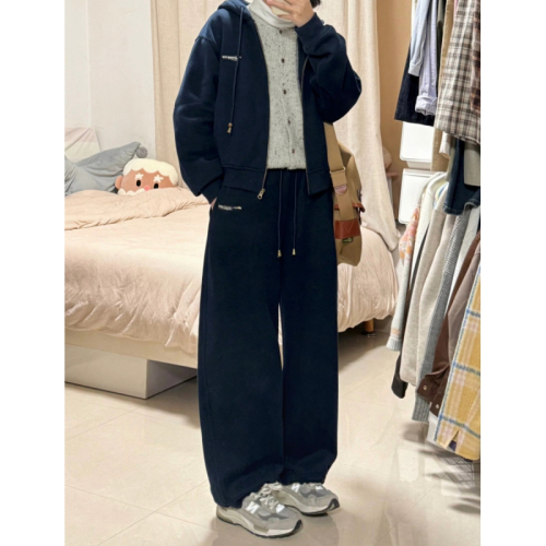 754# pure cotton Chinese cotton casual sportswear suit female autumn student hooded sweatshirt wide leg pants two-piece set