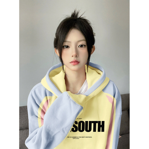 Non-pilling imitation cotton Chinese cotton composite milk silk 310g silver fox velvet 400g printed contrasting color hooded sweatshirt for women