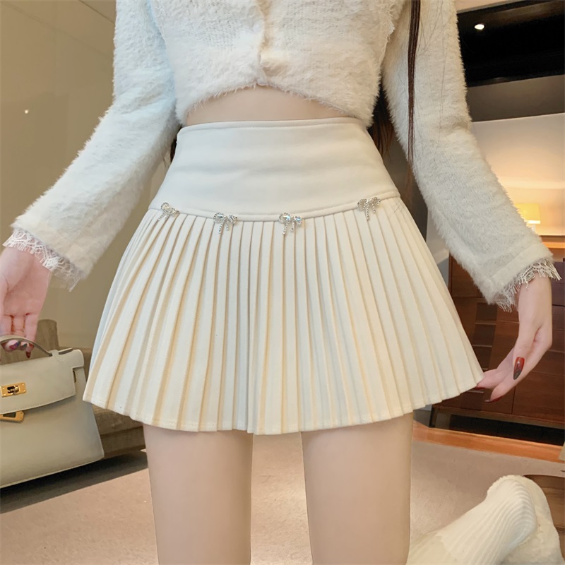 Photographed! Thick butterfly bow woolen non-showing small figure unisex high-waisted A-line pleated skirt