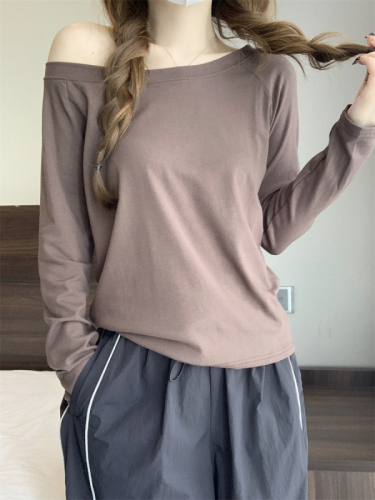 Real shot Autumn design Korean style one-line collar off-shoulder loose slim long-sleeved T-shirt top