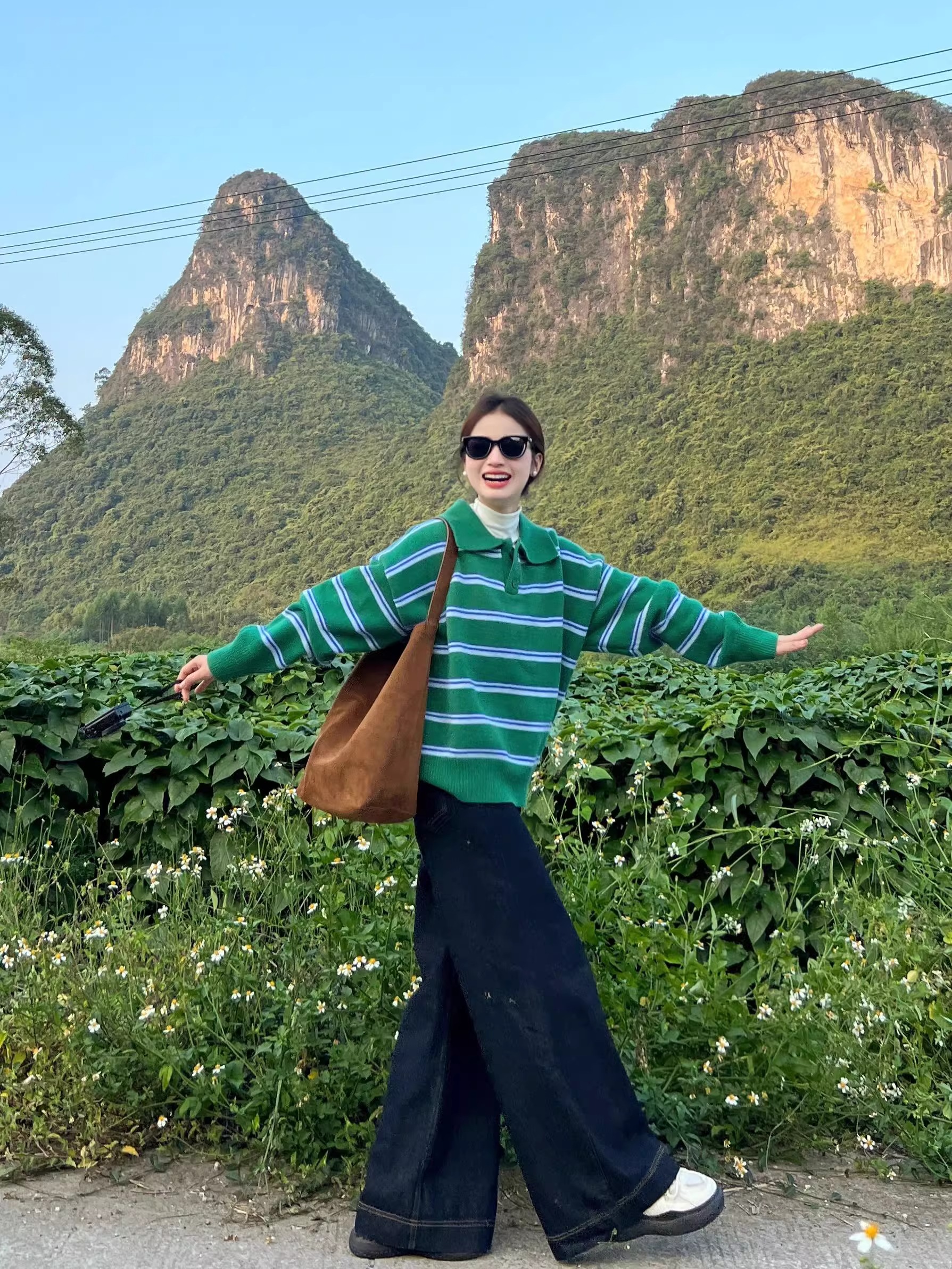 復古條紋翻領長袖毛衣女ins秋冬2024新款設計感寬鬆百搭針織上衣