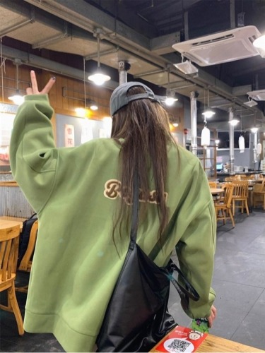 Spring and Autumn Thin Green Towel Embroidered Letter Jacket Baseball Uniform Spring and Autumn Zipper Loose College Style Jacket for Women