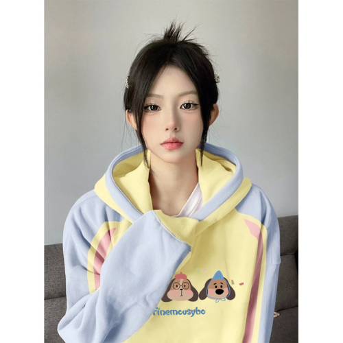 Non-pilling imitation cotton Chinese cotton composite milk silk 310g silver fox velvet 400g printed contrasting color hooded sweatshirt for women