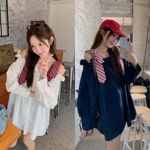 Actual shot of Korean style contrasting one-shoulder long-sleeved shirt 2024 autumn new design bow suspender top for women