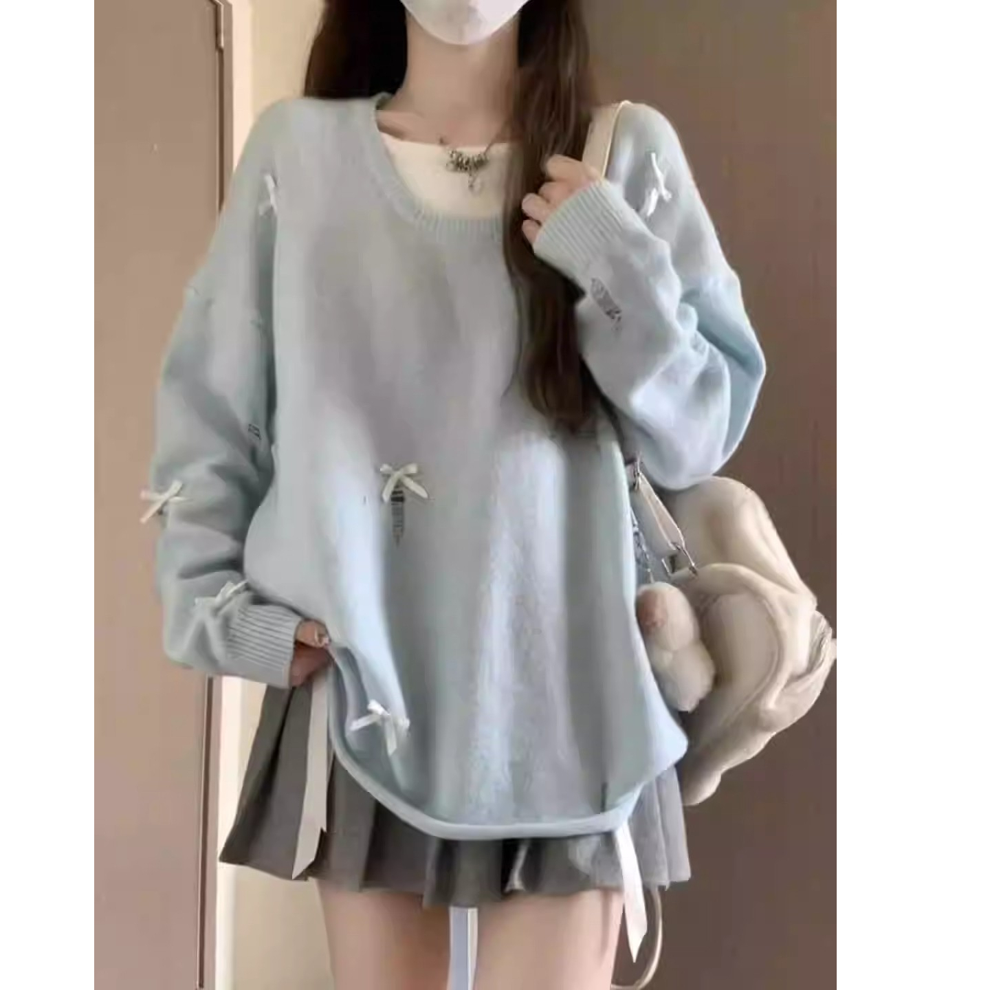 Women's Cream Blue Soft and Chewy Sweater with Early Autumn Design, Relaxed and Lazy Style, Loose and Comfortable Sweet Knit Top for Autumn and Winter, Trendy