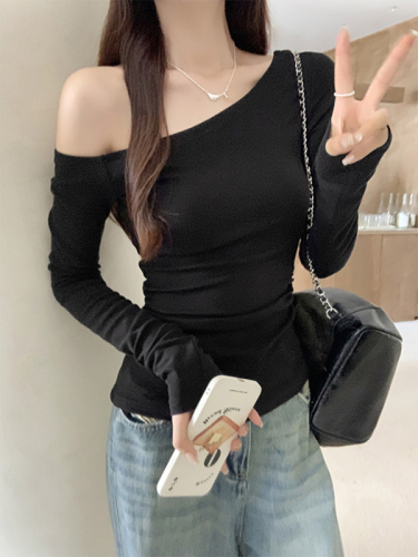 #Official Picture 1*1 Pure cotton threaded long-sleeved T-shirt for women in spring and autumn with one-line neckline, slanted shoulder and inner layered bottoming shirt top