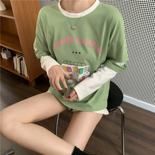 4160# Real shot 6535 2024 spring new style trendy fake two-piece color matching long-sleeved T-shirt for female students