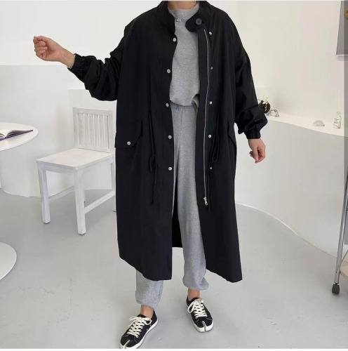 Korean chic autumn and winter retro lazy style stand-up collar single-breasted loose casual long-sleeved mid-length windbreaker jacket for women