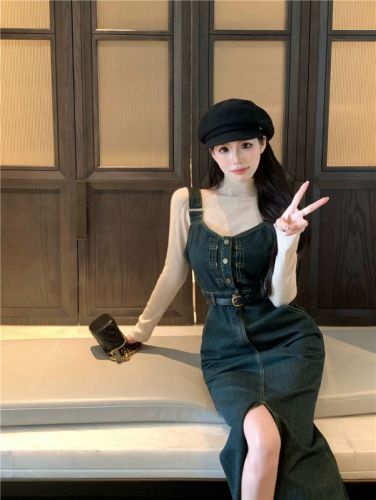 Real shot!  Korean style design slit waist mid-length suspender skirt autumn single-breasted skirt