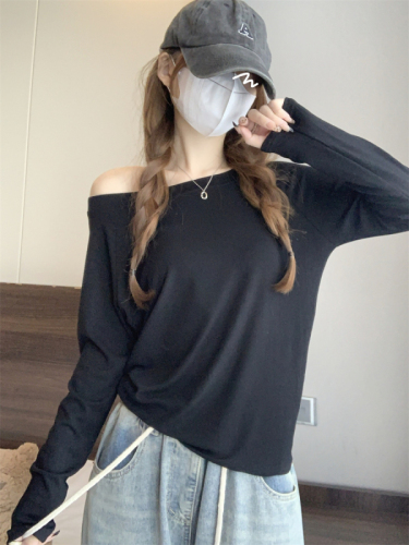 Real shot Autumn design Korean style one-line collar off-shoulder loose slim long-sleeved T-shirt top