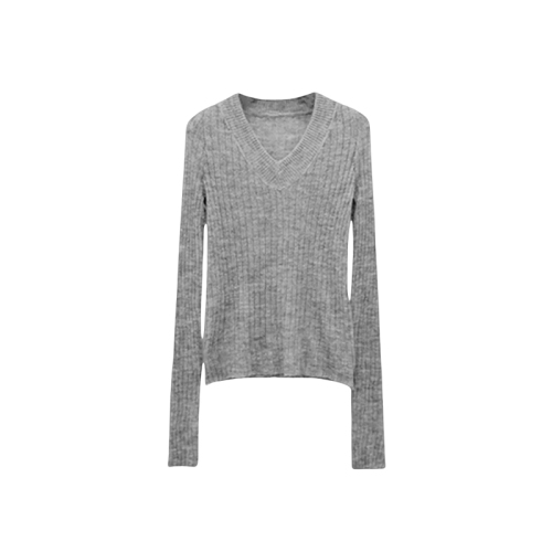 Grey Crew Neck Knit Top Long Sleeve Women's Fitted Thin Base Layer Shirt Korean Style Early Autumn Outfit