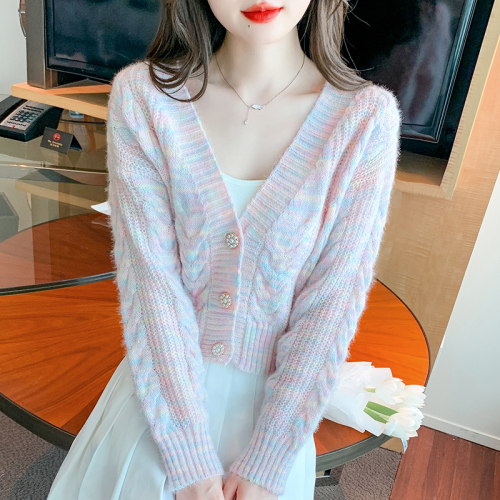 Shipped 2024 Autumn V-neck Single Button Long Sleeve Rainbow Knit Sweater for Women's Outerwear