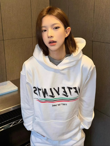 CVC cotton pasta wool Chinese cotton composite/milk silk 300g silver fox velvet 400g front printed hooded sweatshirt for women