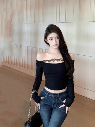 40 Count 210g 92 Cotton 8 Ammonium Sweet Hot Girl One Shoulder Lace Long Sleeve T-shirt Women's Autumn Slim Short Top