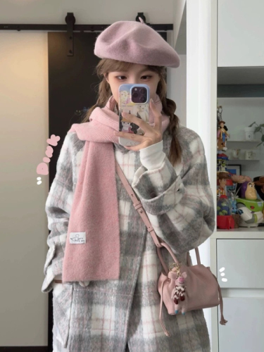 Korean style gray and pink plaid woolen 2024 winter new coat coat for women loose warm temperament top