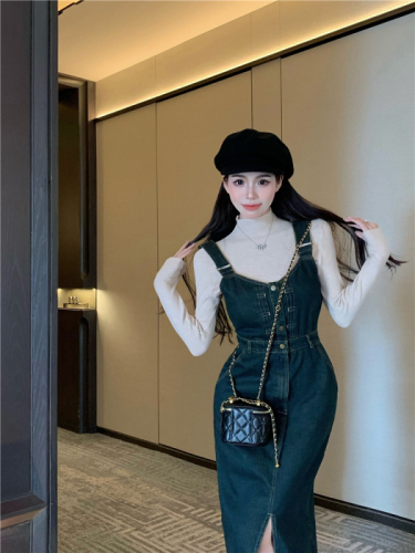 Real shot!  Korean style design slit waist mid-length suspender skirt autumn single-breasted skirt