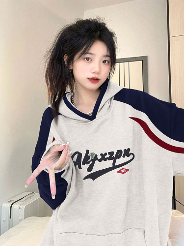 Non-pilling imitation cotton Chinese cotton composite milk silk 310g silver fox velvet 400g printed contrasting color hooded sweatshirt for women