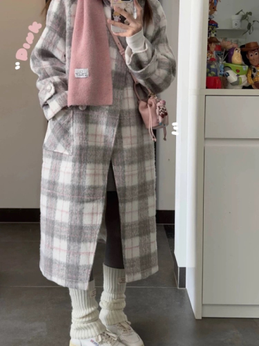 Korean style gray and pink plaid woolen 2024 winter new coat coat for women loose warm temperament top