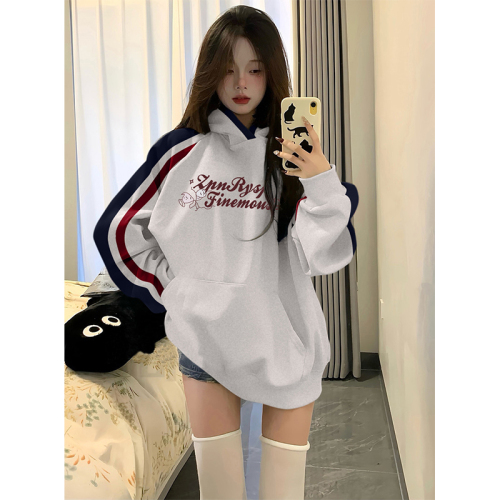 Non-pilling imitation cotton Chinese cotton composite milk silk 310g silver fox velvet 400g printed contrasting color hooded sweatshirt for women