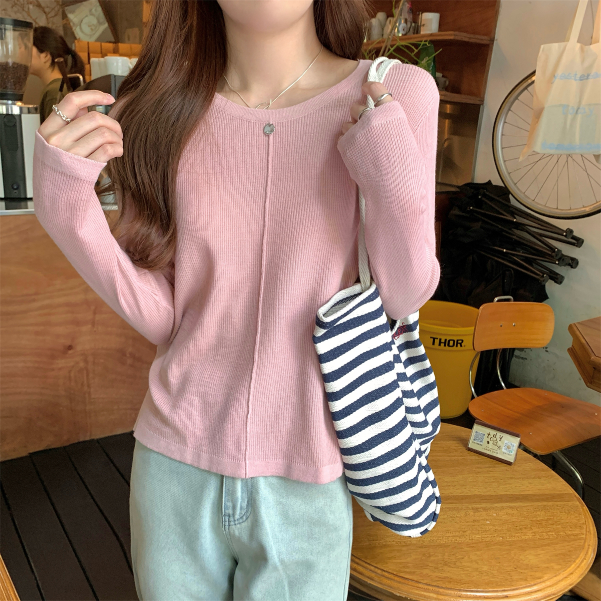 Actual shot of autumn and winter Korean style loose and versatile striped design 6 wool knitted long-sleeved bottoming shirt for women