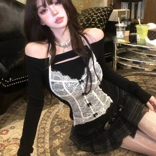 Nan Lixiang's charming ballet one-shoulder lace hottie T-shirt for women in early autumn long-sleeved slim waist bottoming top