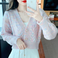 Shipped 2024 Autumn V-neck Single Button Long Sleeve Rainbow Knit Sweater for Women's Outerwear