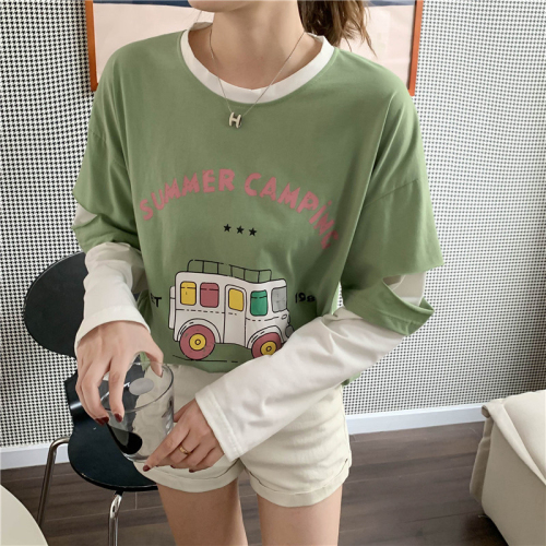 4160# Real shot 6535 2024 spring new style trendy fake two-piece color matching long-sleeved T-shirt for female students