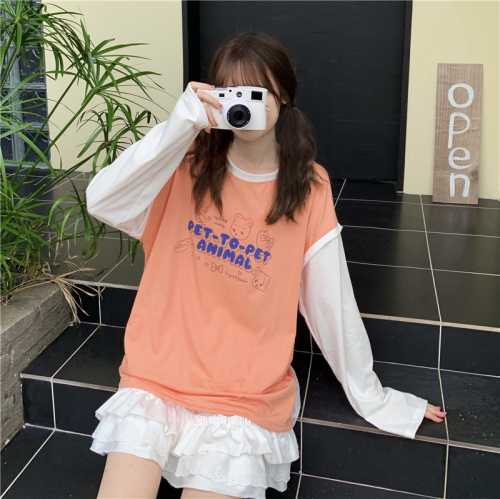 Real shot of 6535 cotton long-sleeved T-shirt female student class uniform bestie outfit 2024 spring new style contrasting color