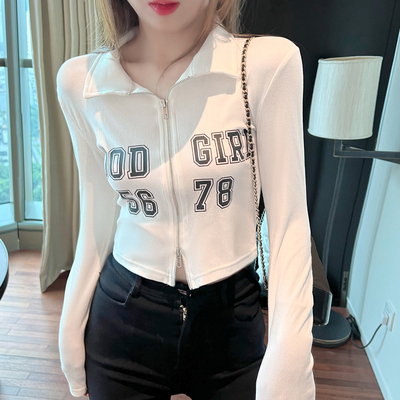 Ribbed slim fit letter printed zipper cropped top for women 2024 spring and autumn