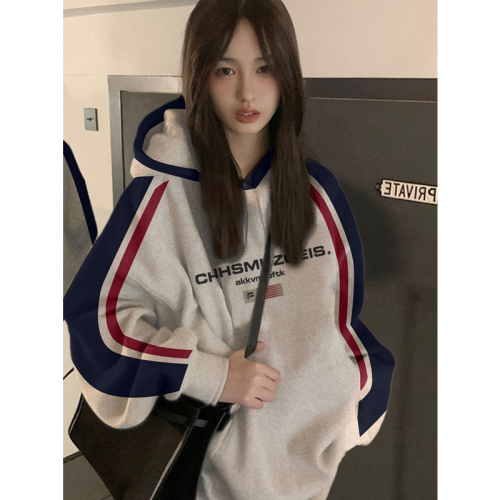 Non-pilling imitation cotton Chinese cotton composite milk silk 310g silver fox velvet 400g printed contrasting color hooded sweatshirt for women