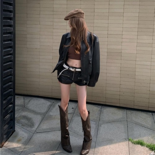 Real shot!  High-end lapel PU leather jacket for women, American retro motorcycle jacket, trendy top